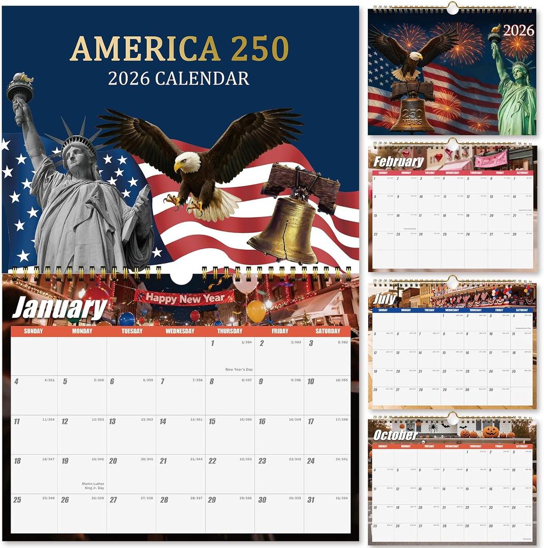 4 x 250th Anniversary American Patriotic 2026 Calendar, Spiral Bound Wall Calendar with Vintage Art, 12 Month Planner for Home & Office Decor
