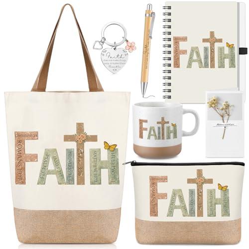 Suclain 7 Pcs Christian Religious Gifts, Spiral Notebook, Coffee Mug, Bible Bag, Ballpoint Pen, Makeup Bag, Inspirational Keychain for Women Easter Birthday Graduation Appreciation Gift(Faith)