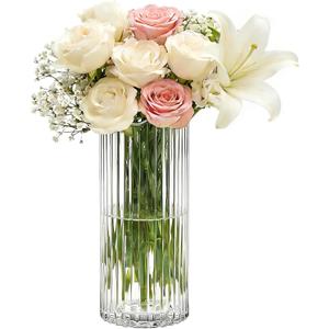 11 inch Ribbed Glass Vase,Flower vases for Bouquet,Modern Clear Glass Cylinder Vases for Flowers,Ribbed Vases for Centerpieces,Living Room,Dining Table,Office,Wedding Reception,Housewarming Gift