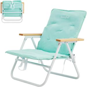 SUNNYFEEL Foldable Beach Chair, Beach Chair Backup with Wood Armrest & Cushion, Lightweight Camping Chair Heavy Duty for Beach, Camping, Lawn, Outdoor, Mint Green, 20.08 inches x 25.2 inches x 25.59 inches
