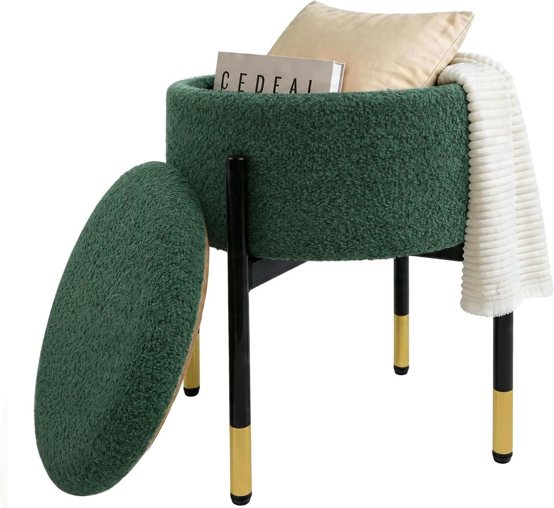 Round Ottoman with Storage, Soft Velvet Vanity Stool, Ottoman Coffee Table with Metal Legs, Foot Stool for Living Room Bedroom, Green, 13.8"D x 13.8"W x 17.8"H