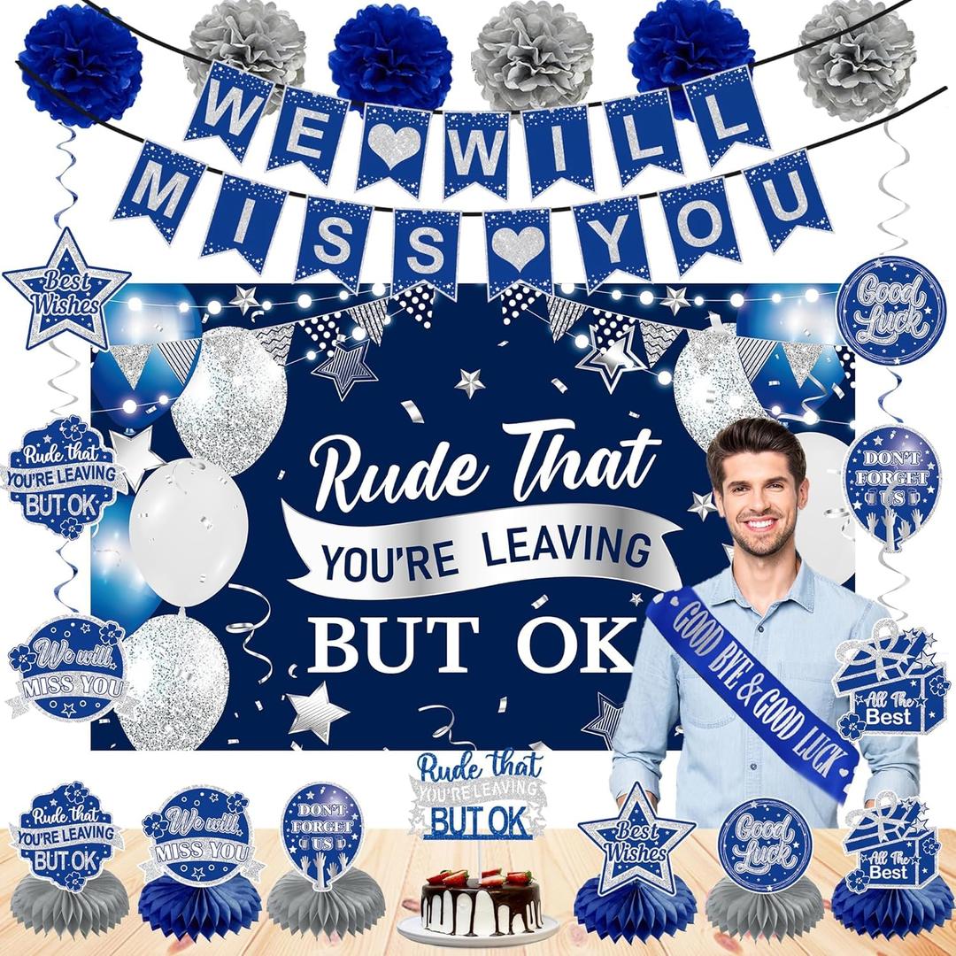 Holkcog Blue Farewell Party Decorations, Rude That You'Re Leaving But Ok Background, Blue Office Coworker Goodbye Party Going Away Farewell Party Decorations for Men Women We Will Miss You Party