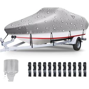 Boat Covers 16-18.5ft, Heavy Duty 800D PU Waterproof Trailerable Marine Grade Polyester Canvas, UV Resistant Bass Boat Covers, Fits V-Hull Tri-Hull Fish&Ski Boat, Runabout with Tightening Strap