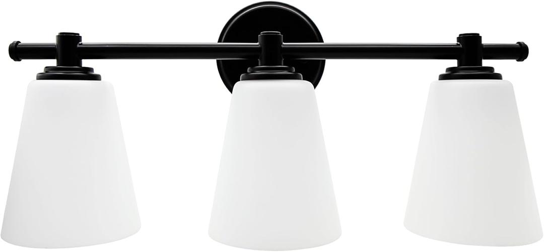3-Light Black Bathroom Vanlity Light Over Mirror, Bathroom Light Fixtures with Frosted Glass Shade, Modern Wall Sconce Lighting, E26 Socket (Bulbs Not Included)