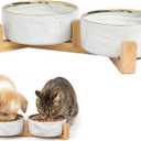 Ceramic Dog and Cat Bowl with Stand, Modern Stone-Effect Ceramic Dog Bowls with Bamboo Stand Non-Slip for Small Medium Dogs, Modern Marble Design, Dishwasher/Microwave Safe (Gray)