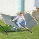GAFETE 2 Person Hammock with Stand for Outside, Heavy Duty Steel Stand, Double 55inch Hammocks, Large Removable Pillow, Storage Bags, Max 475 lbs Capacity (Mist Green)