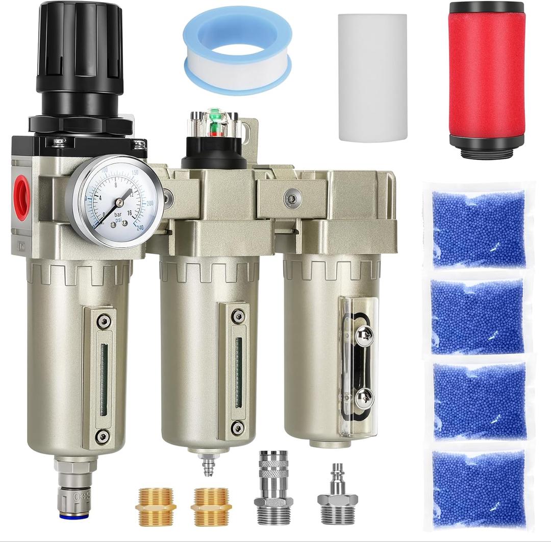 3/4" NPT Industrial Air Dryer for Compressor,3 Stage Air Compressor Water Separator System,Filter Oil Water Separator Dryer for Plasma Cutter and Paint Spray,Auto Drain