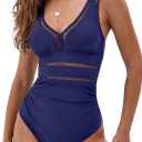 CUPSHE Women's One Piece Swimsuit Bathing Suit V Neck Adjustable Straps Ruched Mesh Back Hook (Medium)