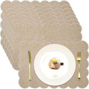 LemonRoad 8 Pcs Boho Linen Placemats Set 13" x 19" Elegant Scalloped Double Layered Placemats Farmhouse Washable Rustic Dining Table Decorations for Kitchen Wedding Banquet (Brown,Beige)