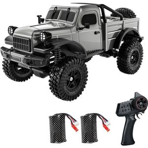 D883 RC Crawler Pickup Truck, 1:18 Scale 4WD Off-Road RC Rock Crawler with LED Lights and 2 Rechargeable Batteries for Adults (Gray)