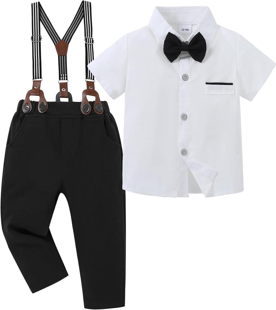 SANMIO Toddler Baby Boy Clothes Suit Gentleman Wedding Outfits, Formal Dress Shirt with Bowtie + Suspender Pants 16-24M