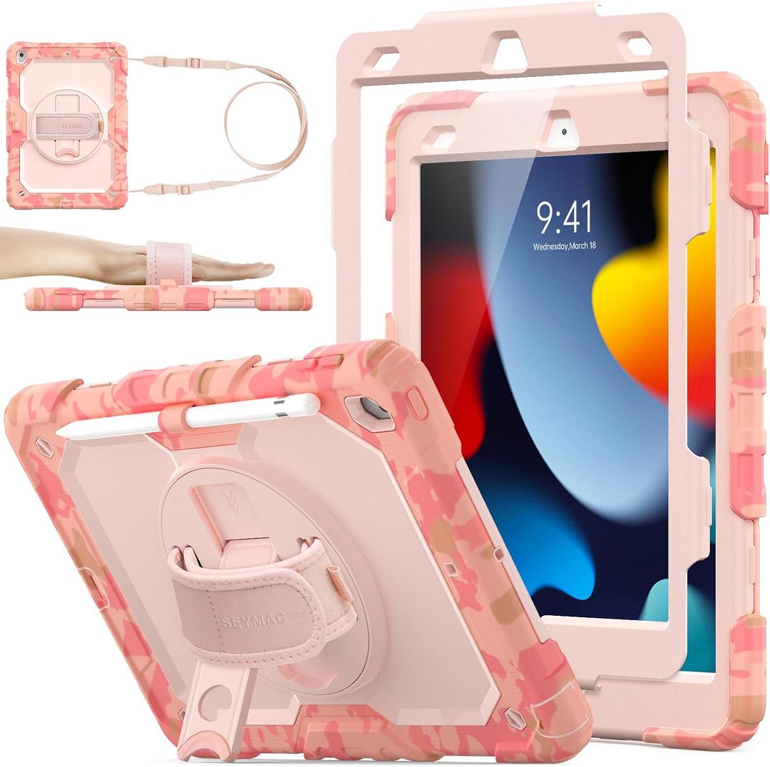 SEYMAC stock Case for iPad 9th/ 8th/ 7th Generation 10.2'', Shockproof with Screen Protector, Pencil Holder [360 Rotating Hand Strap] & Stand, for iPad 10.2 inch 2021-2019 (Pink Camo)