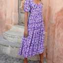 BTFBM Casual Women Summer Dresses 2024 Puff Sleeve Floral Maxi Dresses Smocked Backless Flowy Tiered Beach Long Dress (Purple, L)