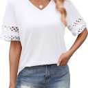 XIEERDUO Womens Summer Tops Dressy Casual Blouses for Women V Neck Short Sleeve Shirts Fashion Clothes Curved Hem Flowy (White, L)