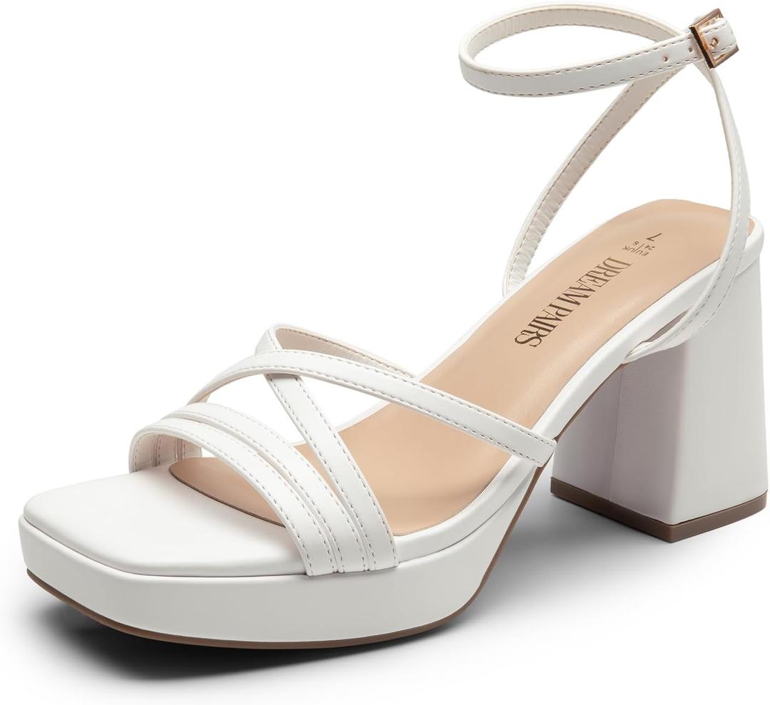 DREAM PAIRS Strappy Heels for Women Platform Chunky High 3-inch Heeled Sandals with Square Open Toe Ankle Buckle for Graduation Party Prom Daily Wedding (9.5, White-pu)