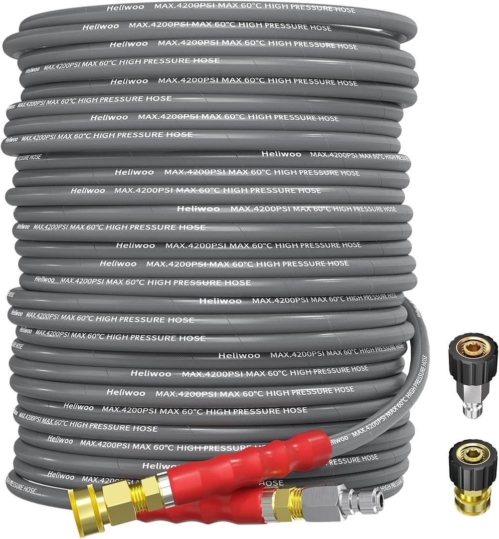 Pressure Washer Hose 100ft 4200PSI with 3/8 Quick Connect, 1/4 Commercial Grade Steel Wire Braided Kink Resistant Power Washer Extension Hose, Flexible Replacement Hose Adapter Set