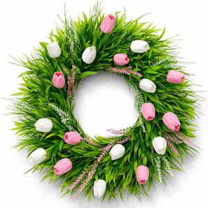 24 Inch Artificial Tulip Wreath, Spring Wreath with White Pink Tulip and Greenery for All Year Around Indoor Outdoor Home Farmhouse Wall Springtime Easter Holiday Decor
