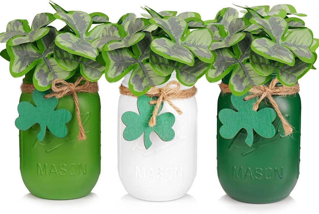 St Patricks Day Decorations, Farmhouse Spring Table Centerpieces Irish Decor for Home, Shamrock Mason Jars, Irish Decorations For Home, Saint Patricks Day Decorations Tiered Tray Party Decor