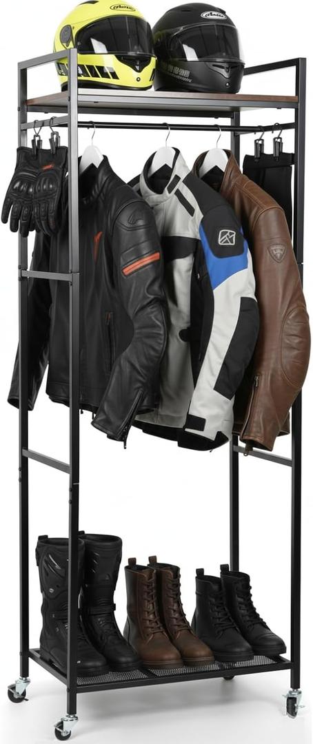 Motorcycle Helmet Holder, Motorcycle Gear Storage Rack, Display Stand for Accessories, Jacket, Gloves and Boots, Helmet Rack for Garage or Workshop Organization, Black, 25.6"D x 15"W x 67"H