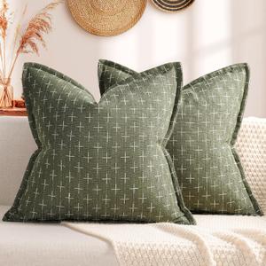 ZWJD Pillow Covers 20x20 Set of 2 Soft Polyester Textured Pillow Covers with Stylish Flange Edge Cozy Farmhouse Throw Pillows for Couch Bed Sofa Living Room (Olive Green)