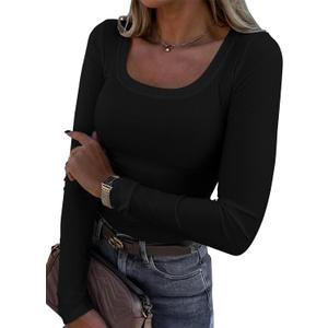 Women Short Sleeve Tops Ribbed Knit Slim Fit U Neck Top Basic Tee Shirts for Summer Casual Trendy Blouse (M, Black Long Sleeve)