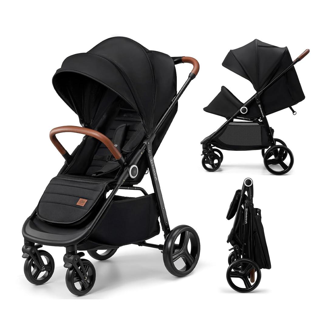 Kinderkraft Grande Plus Kinderkraft Buggy from Birth to 48.5 lb, one-Hand Folding, Reclining Position, Large Canopy with Window, All 4 Wheels dampened, Spacious seat, Black