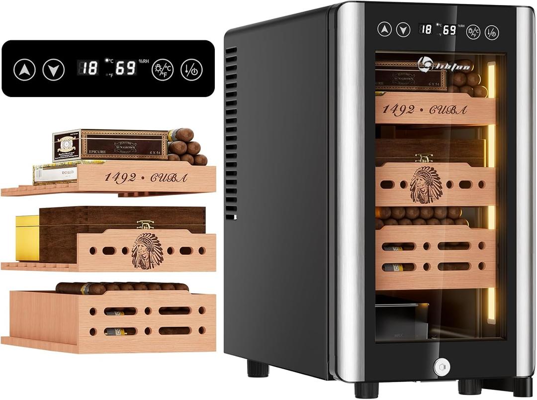 LIHTUN 25L Electric Humidor Cabinet for 150 Cigars, Thermoelectric Cooling, Adjustable Temperature and Humidity, Digital Display, 3 Removable Cedar Shelves, Safety Lock, Gift for Men (25L)