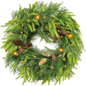 24 Inch Large Christmas Wreath with 50 LEDs Lights Timer 8 Modes, Thick & Soft Norfolk Pine Cypress Tips Pinecone Real Feel Artificial Wreath for Front Door Window Mantel Wall Xmas Home Décor