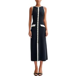 ELFTOWN Women's Summer Sleeveless Single Breasted Knit Maxi Dress Slit Crew Neck Long Sweater Bodycon Dress (X-Large, Black)