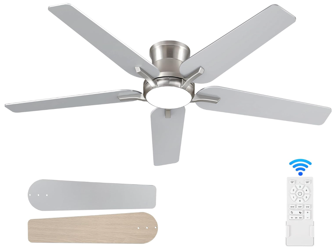 POCHFAN 52 Inch Ceiling Fans with Lights and Remote, Brushed Nickel Flush Mount Low Profile Ceiling Fan for Bedroom, Living Room, Patio, Dimmable 6 Speeds Noiseless, ETL Listed