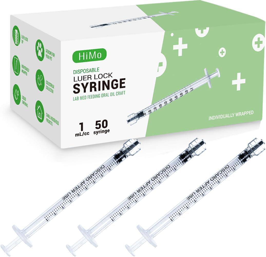 50 Pack 1mL Luer Lock Syringe without Needle 1cc Small Plastic Sterile Syringes Individually Wrapped