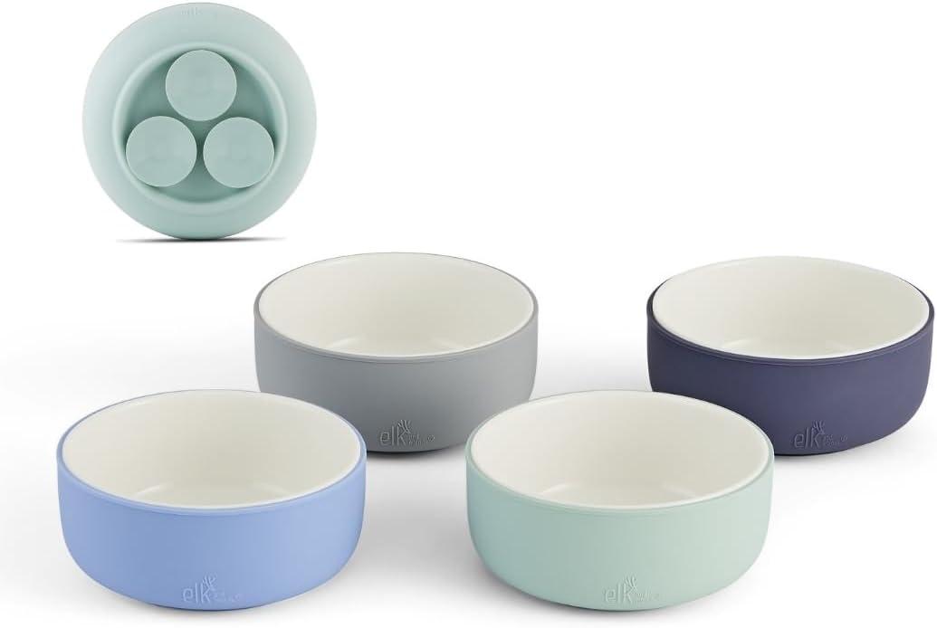 Elk and Friends Kids Porcelain Bowls with Silicone Suction Sleeves | Suitable for Babies/Toddlers | Microwave & Dishwasher Safe | Stay Put Dinnerware | Snack Dishes | 4 Pack (Navy/Gray/Misty Blue/Sage)