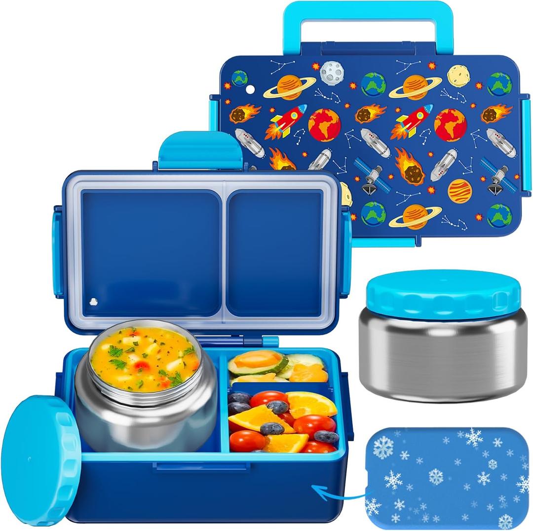 SHPMXUPW Kids Bento Lunch Box  12oz StainlessSteel Soup Thermo & 3Compartment LeakProof Food Container with BuiltIn Ice Pack, Insulated Food Jar for Boys & Girls, School & Travel (Blue-Universe)