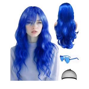 28 Inch/70 cm Blue Wig Long Curly Wig and Party Sunglasses, Cosplay Color Wig with Neon Glasses for Women - Bachelorette Party Wigs Decorations Favors (Blue)