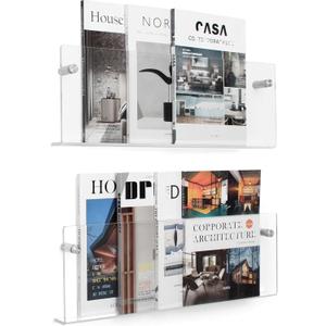 2 Pack Clear Acrylic Magazine Holder, Wall Mount Hanging Bookshelf Literature Storage Rack, Brochure File Display Shelf for Waiting Room, Living Room, Office, Home (Clear & 17 Inch)