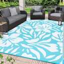 VKLIVING Outdoor Patio Rug 10'x8' - Blue-Floral - Waterproof - UV & Fade Resistant - Modern Style