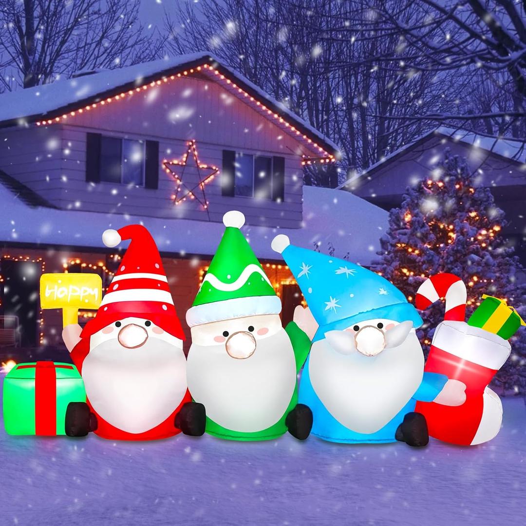 6 FT Long Christmas Inflatable Outdoor Decoration Gnomes with Gift Box & Socks, Funny Merry Xmas Figures Winter Blow Up Yard Decorations Plug in LED Light Up Vacation Outside Front Lawn Garden Decor