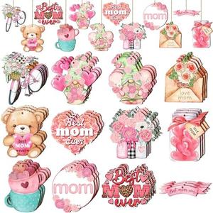 Anglechic 36 Pcs Mother's Day Tree Ornaments Mom Wood Hanging Ornaments with Ropes Mother's Day Slices Tags Pink Flower Love Heat Decoration for Anniversary Birthday Party Tree Home Decor