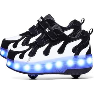 Aikuass USB Chargable LED Light Up Roller Shoes Wheeled Skate Sneaker Shoes for Boys Girls Kids 32 (B032-double Wheels-black/White)