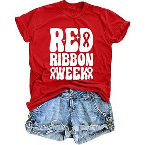 ELDPS Women Red Ribbon Week Shirt:Red Ribbon Week Awareness T-Shirt Prevention Short Sleeve Tops Large