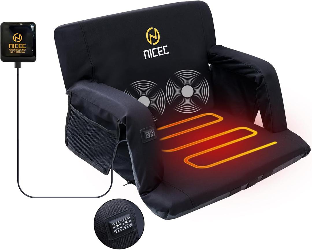 Nice C Heated Massage Stadium Seats, Floor Chair, Bleacher Seats, Reclining Waterproof Cushion, Foldable, Thick Padding, with Shoulder Straps & Side Pockets, Large