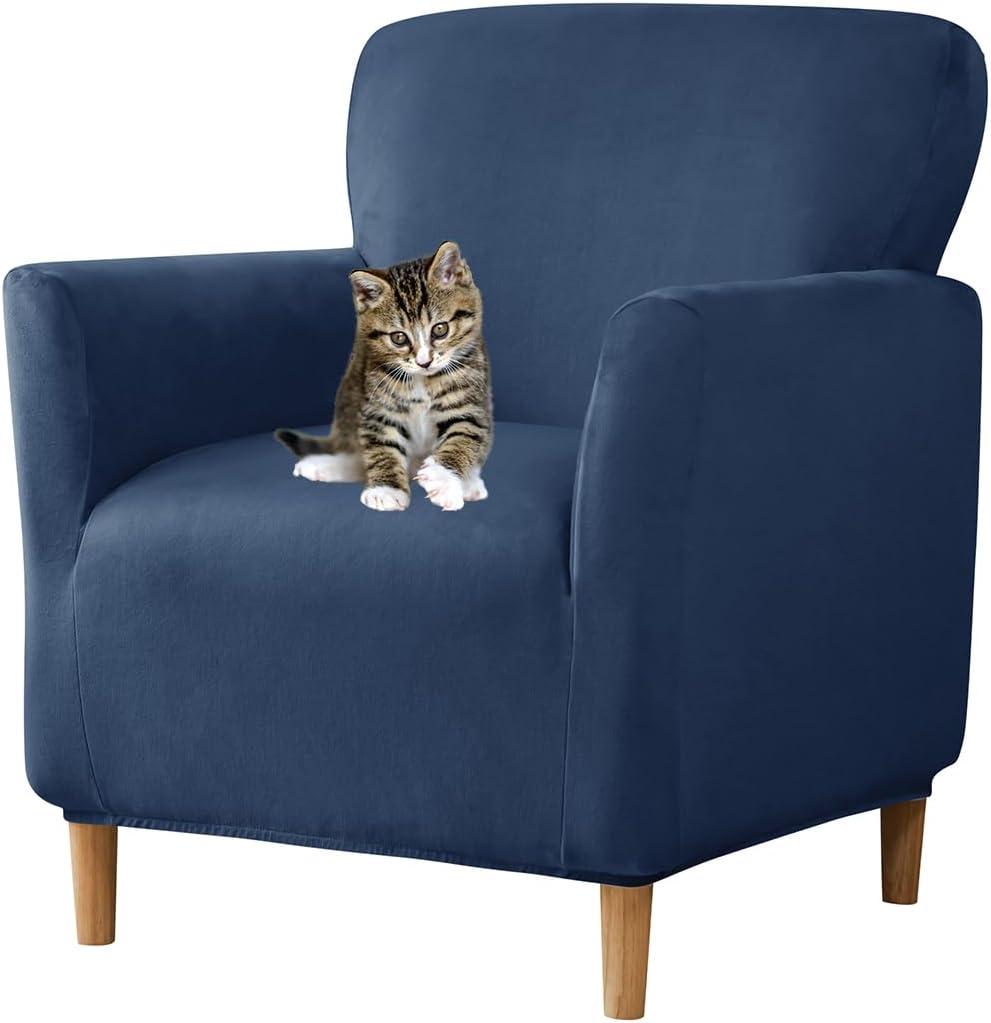 Stretch Chair Covers with Arms 1-Piece Banquet Armchair Slipcover Velvet Mid Century Modern Armchair Slipcover Anti-Slip Furniture Protector for Living Room Friendly for Kids Pets (Navy)