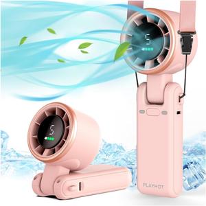 PlayHot Portable Handheld Turbo Fan, 5-Speed Personal Fans, 5000mAh Rechargeable Fans Up to 12 Hours, Weight only 0.6lb Small Fan, Hand/Neck/Desk Fan 3 IN 1, Beach Vacation Essentials(Pink)