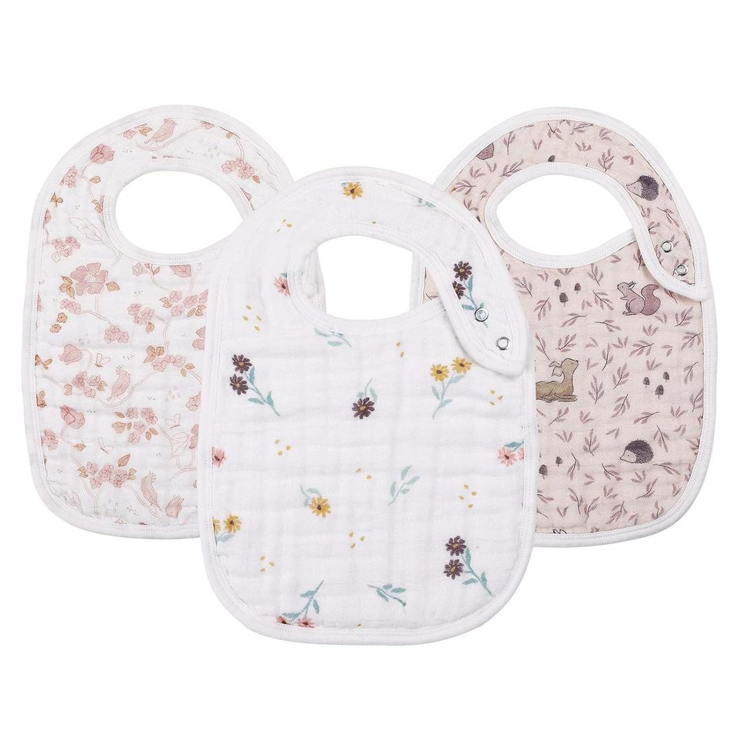 Snap Muslin Bibs for Girls, 3-Pack Baby Bibs for Infants, Newborns and Toddlers, 100% Cotton Muslin Absorbent & Soft Layers, Adjustable Snaps,"Spring"