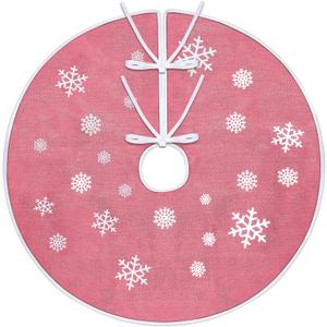Christmas Tree Skirt 30 Inch Simulated Linen Fabric Tree Skirt with Snowflakes Printed Xmas Mat for Christmas Holiday Party Decoration Indoor Outdoor (Pink)