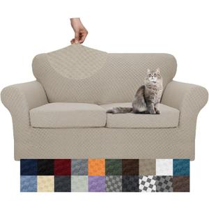 YEMYHOM Latest Checkered 3 Pieces Couch Covers for 2 Cushion Couch High Stretch Thickened Love Seat Sofa Cover for Dogs Pets Anti Slip Elastic Loveseat Slipcover Protector (Khaki), 55"-69"(2 CUSHIONS)