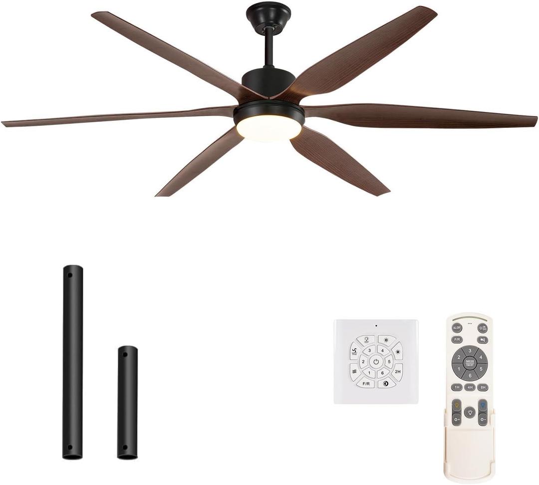 66 Inch Black Farmhouse Ceiling Fan with Light,6 Walnut Blades