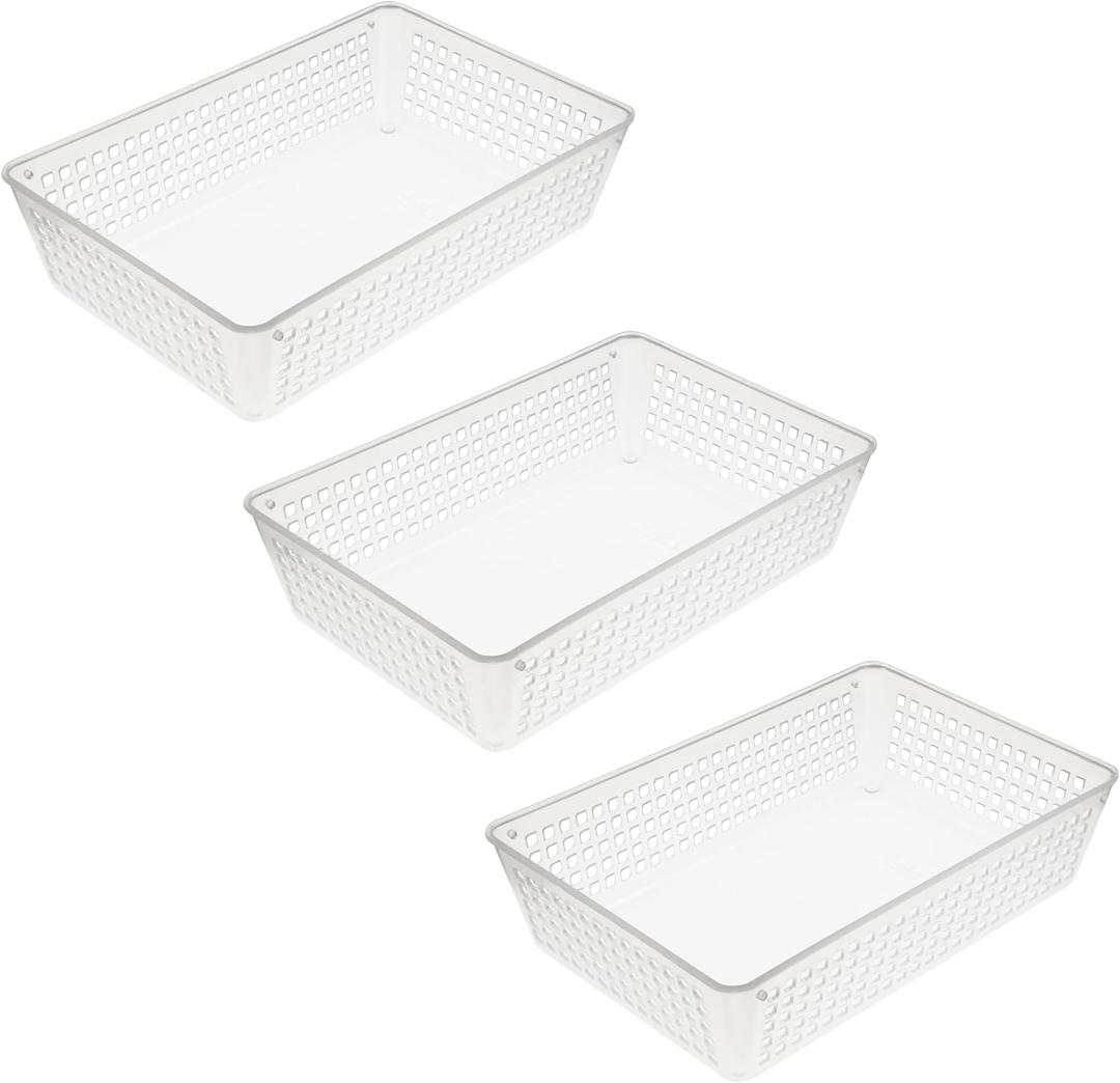 YBM HOME 3-Pack Plastic Storage Baskets Bins for Home Junk Drawer, Shelves, and Office Organization, Functional Trays/Containers Great for Kitchen Pantry, Cabinets, Bedrooms, and Bathrooms, Clear