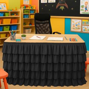 Black Table Skirt Tutu Ruffled Tablecloth for Classroom Teacher Desk Skirt Back to School Supplies for Princess Girls Birthday Party Cake Dessert Decorations, 6FT