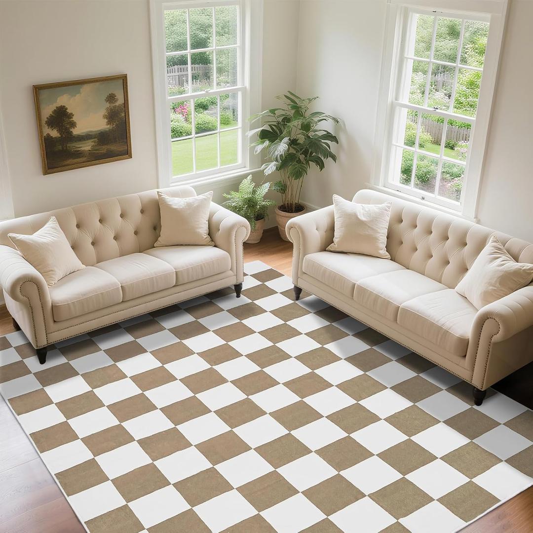 Washable Checkered Rug, 8x10 ft Beige and White Rug, Low Pile Area Rugs for Living Room with Non-Slip Backing for Bedroom Playroom Classroom Office Dorm and Kids Room